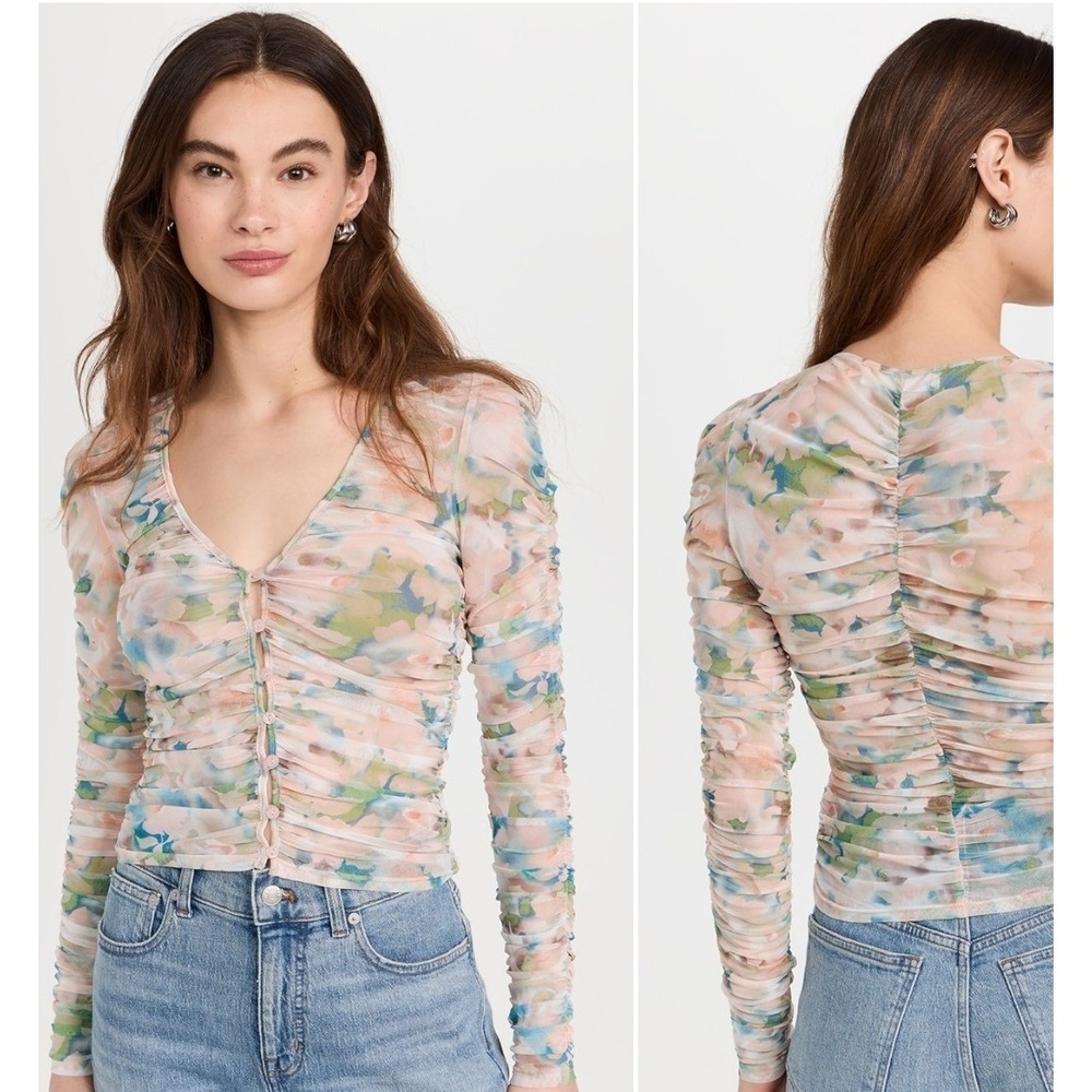 ASTR The Label Missoula Top Ruched Abstract Top Medium Sheer Long Sleeve Mesh